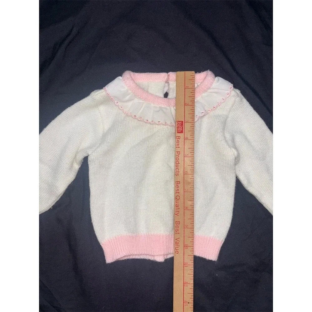 Newknit Baby Girl Cardigan Sweater White Pink Ruffle Collar Buttons 3-6M vintage
